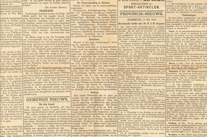 Dagblad DeNieuwe Koerier, Proviciale Limburgsche Courant, van zaterdag 15 mei 1897, met daarin een feestarikel ter gelegenheid van de 70-ste verjaardag van Dr. P. Cuypers op zondag 16 mei 1897.