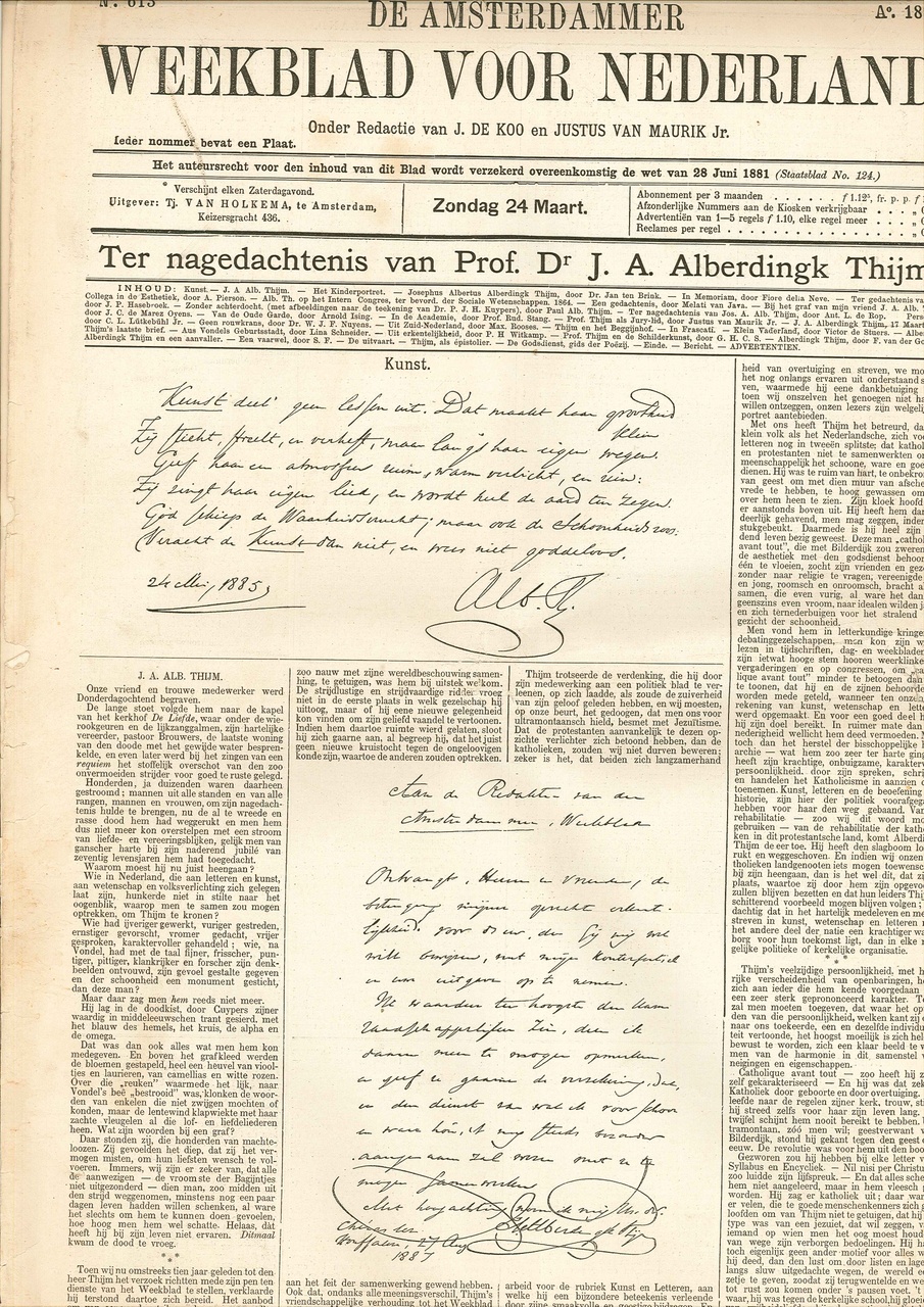 Weekblad de Amsterdammer van zondag 24 maart 1889 dat geheel is uitgevoerd als herdenkingsnummer ter nagedachtenis aan Prof. Dr. J.A. Alberdingk Thijm.