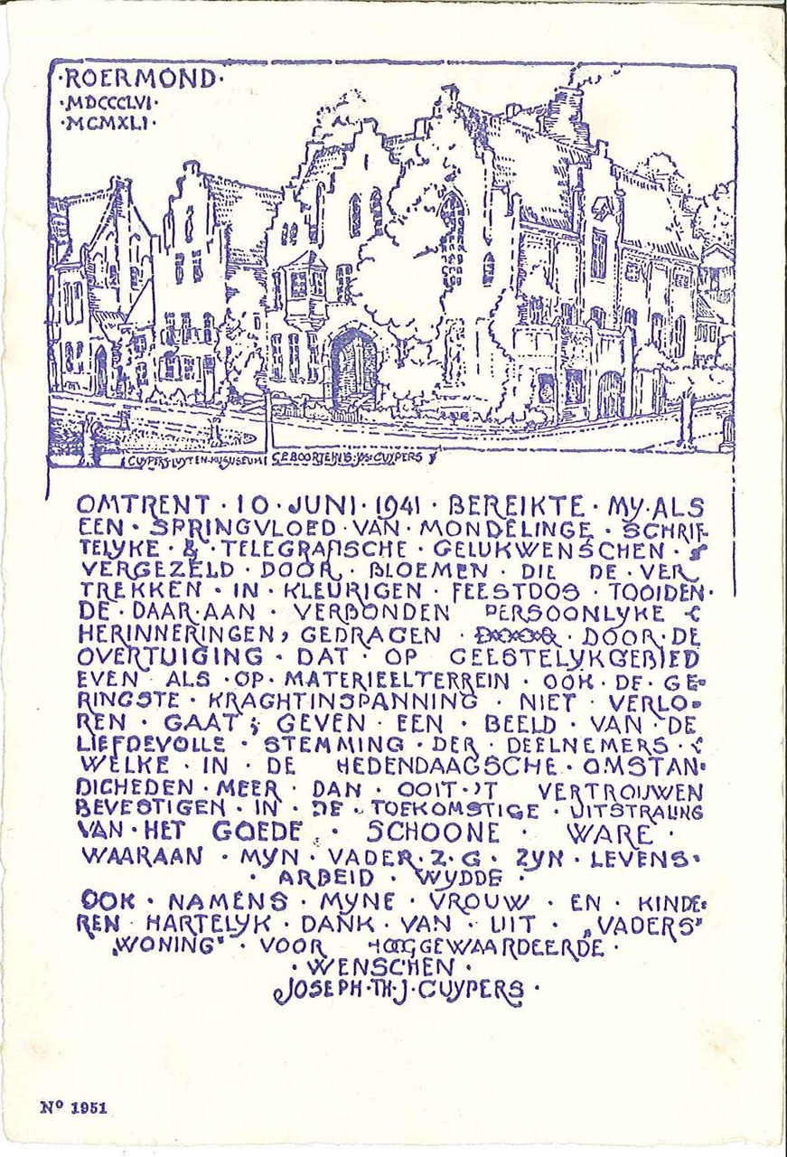 Briefkaart met bedankje voor de attentie t.g.v. de 80ste verjaardag van ir. J. Cuypers in 1941.