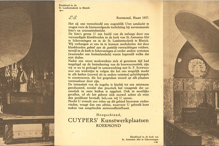 Reclamefolder voor klankborden voor kansels, preekstoelen, e.d., vervaardigd in Cuypers' Kunstwerkplaatsen