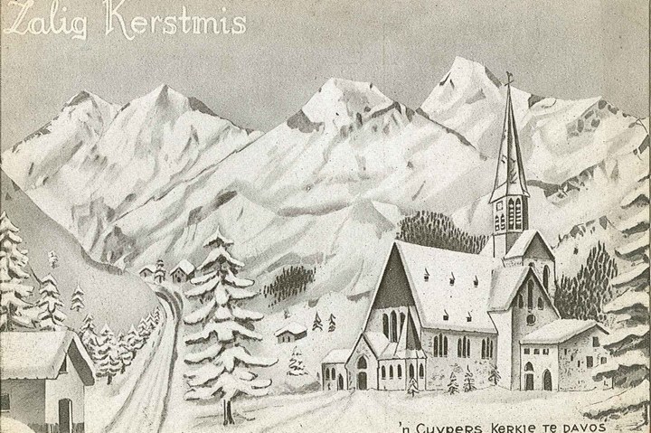 Kerstkaart met tekening van Cuyperskerkje in Davos.