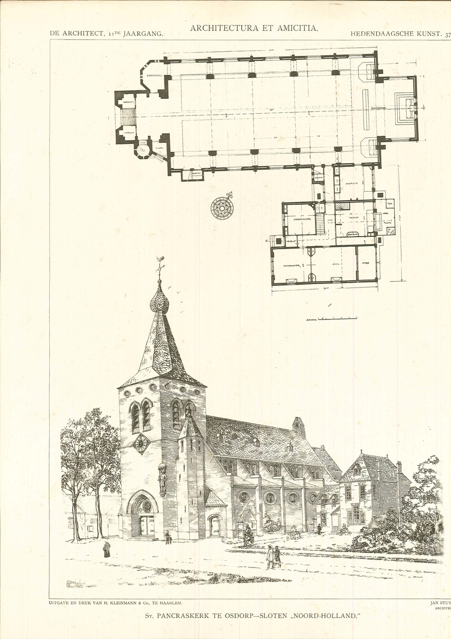 Twee platen uit "De Architect" met daarop een afbeelding en ontwerptekeningen voor de Sint Pancraskerk te Osdorp-Sloten door architect Jan Stuyt.