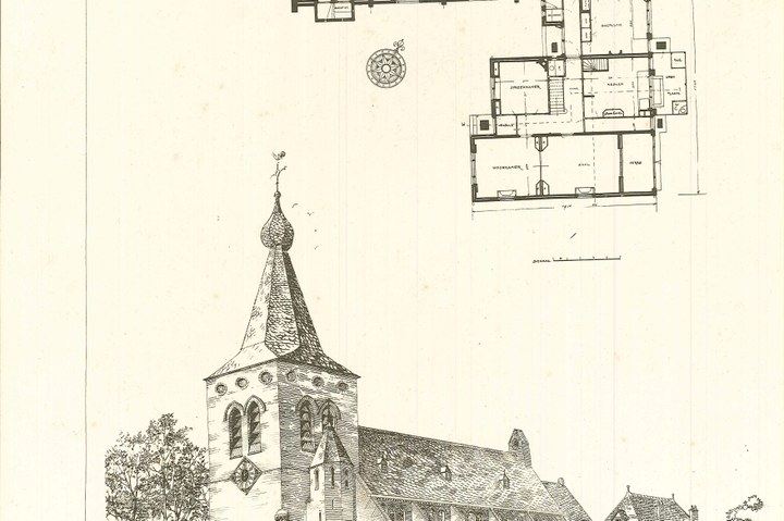 Twee platen uit "De Architect" met daarop een afbeelding en ontwerptekeningen voor de Sint Pancraskerk te Osdorp-Sloten door architect Jan Stuyt.