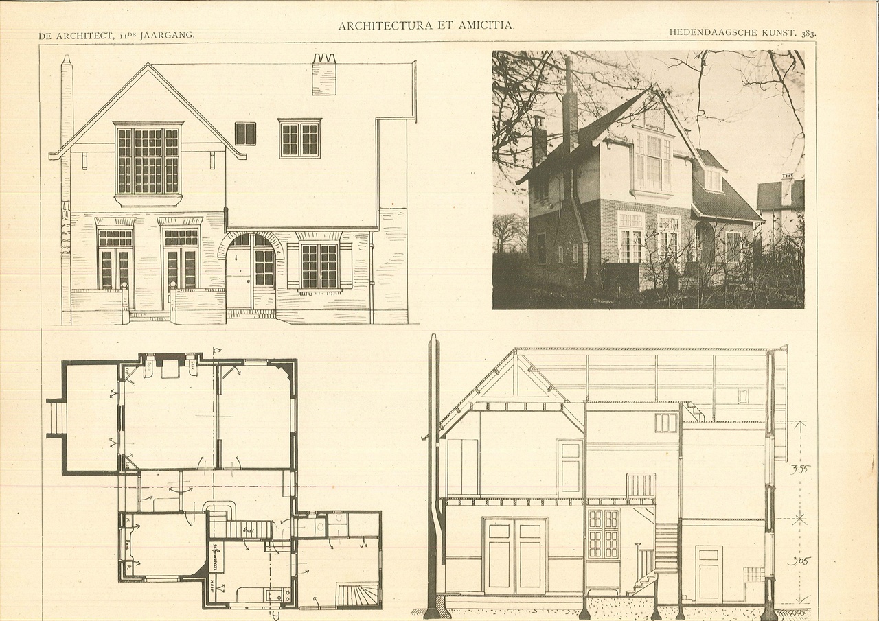 Een plaat uit "De Architect" met daarop een afbeelding en ontwerptekeningen met foto van het woonhuis "Onder de Beuken" te Aerdenhout door architect Jan Stuyt.