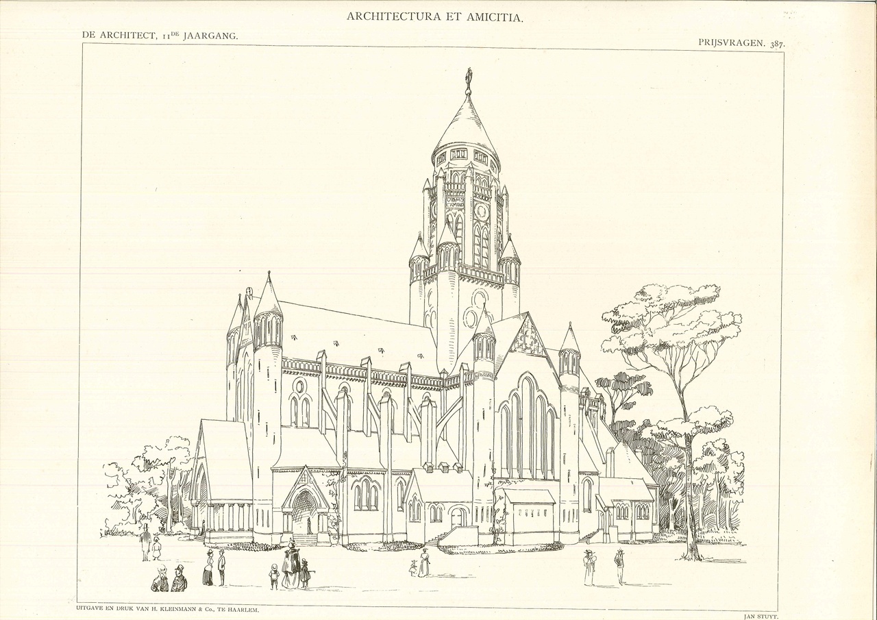 Drie platen uit "De Architect" met daarop een afbeelding en ontwerptekeningen voor de R.C Kerk te Lodz door architect Jan Stuyt.