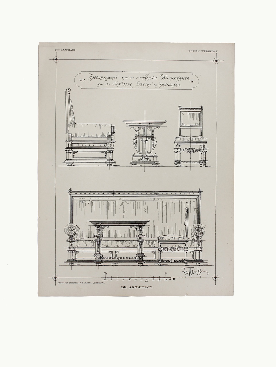 Een plaat uit "De Architect" met daarop ontwerptekeningen van het ameublement van de Wachtkamer 1ste Klasse van het Centraal Station te Amsterdam.