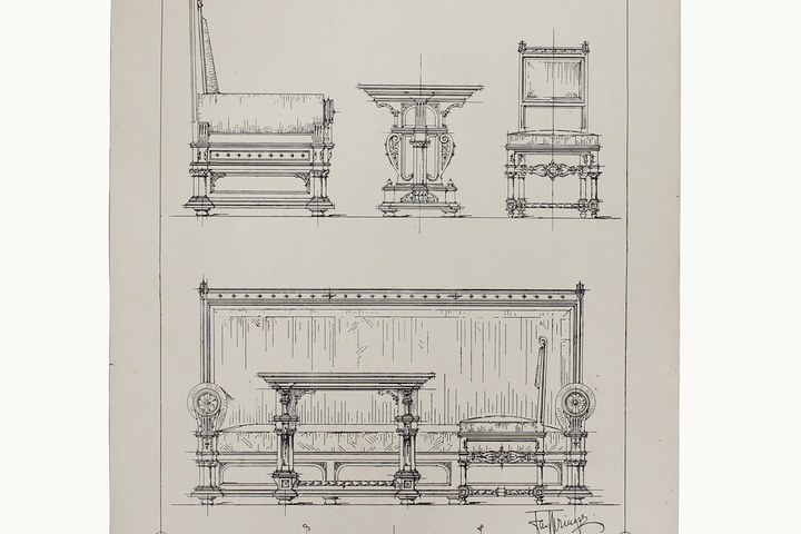 Een plaat uit "De Architect" met daarop ontwerptekeningen van het ameublement van de Wachtkamer 1ste Klasse van het Centraal Station te Amsterdam.