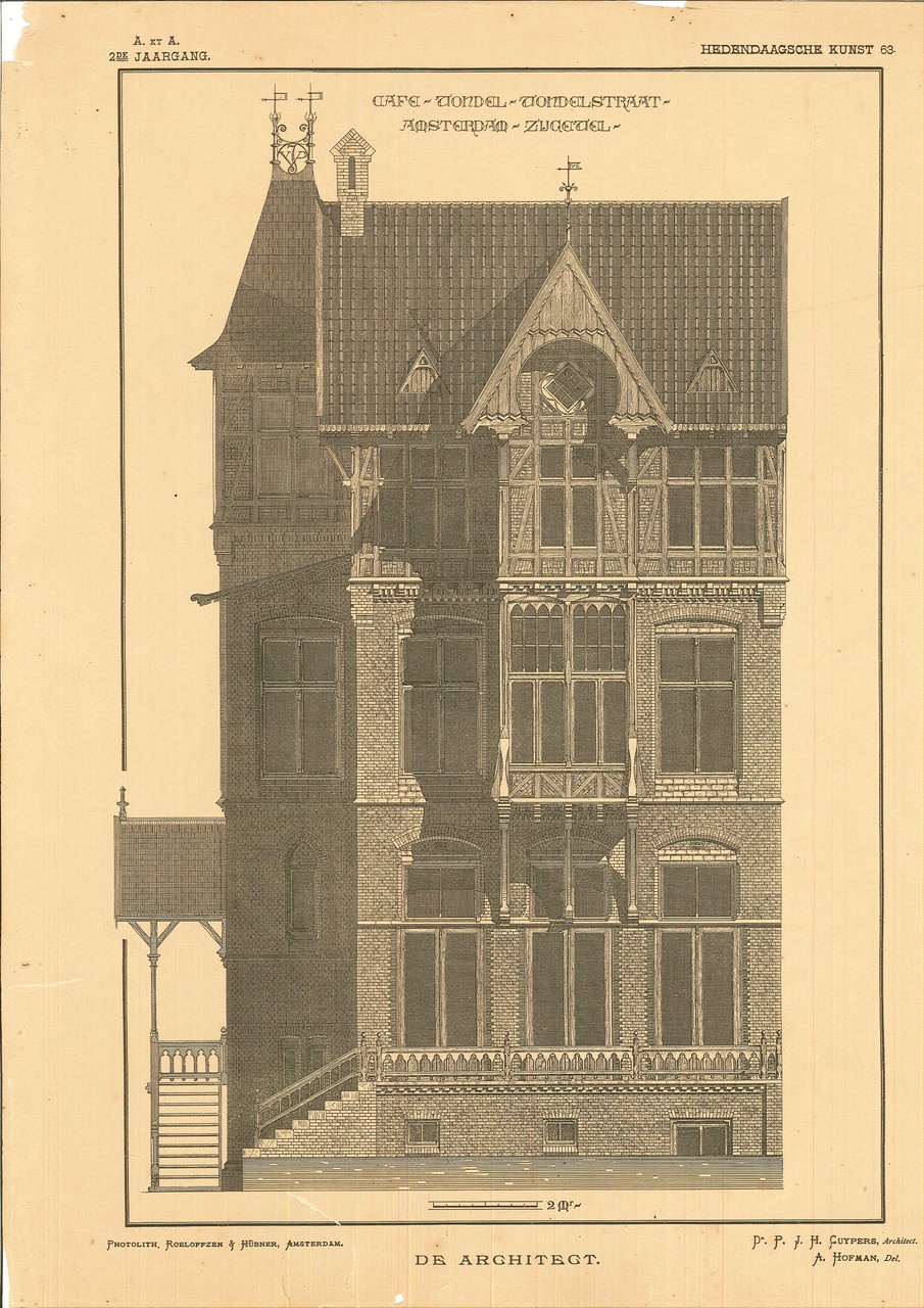 Twee platen uit "De Architect" met daarop ontwerptekeningen voor café Vondel aan de Vondelstraat te Amsterdam door dr. P.J.H. Cuypers