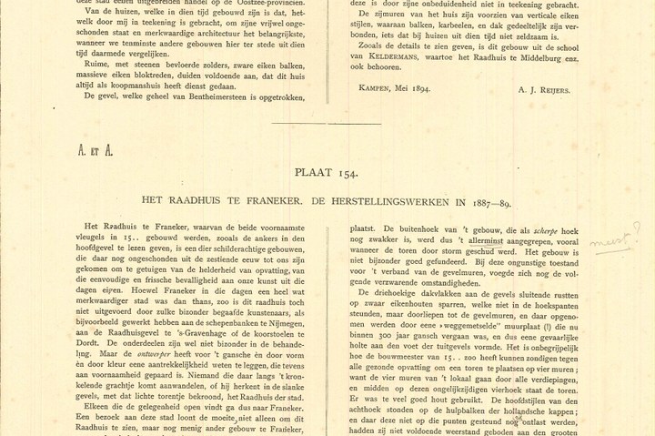 Zes platen uit "De Architect" met daarop teksten en tekeningen van een Woonhuis te Kampen en het Raadhuis te Franeker.