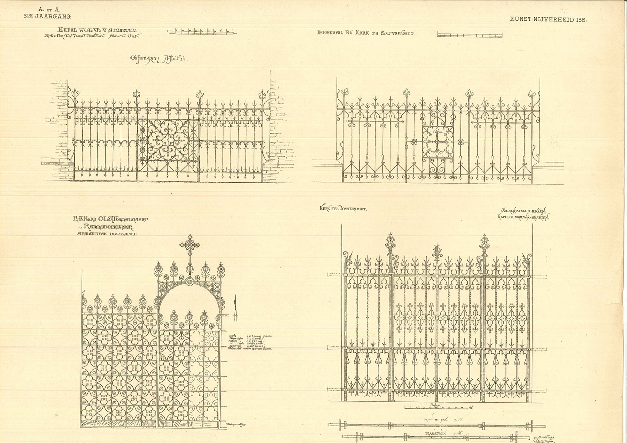 Enkele ontwerptekeningen van hekwerken o.a. behorende bij de Kapel van O.L.V. van Smarten te Sas van Gent en de kerken te Raamsdonkveer en Oosterhout.