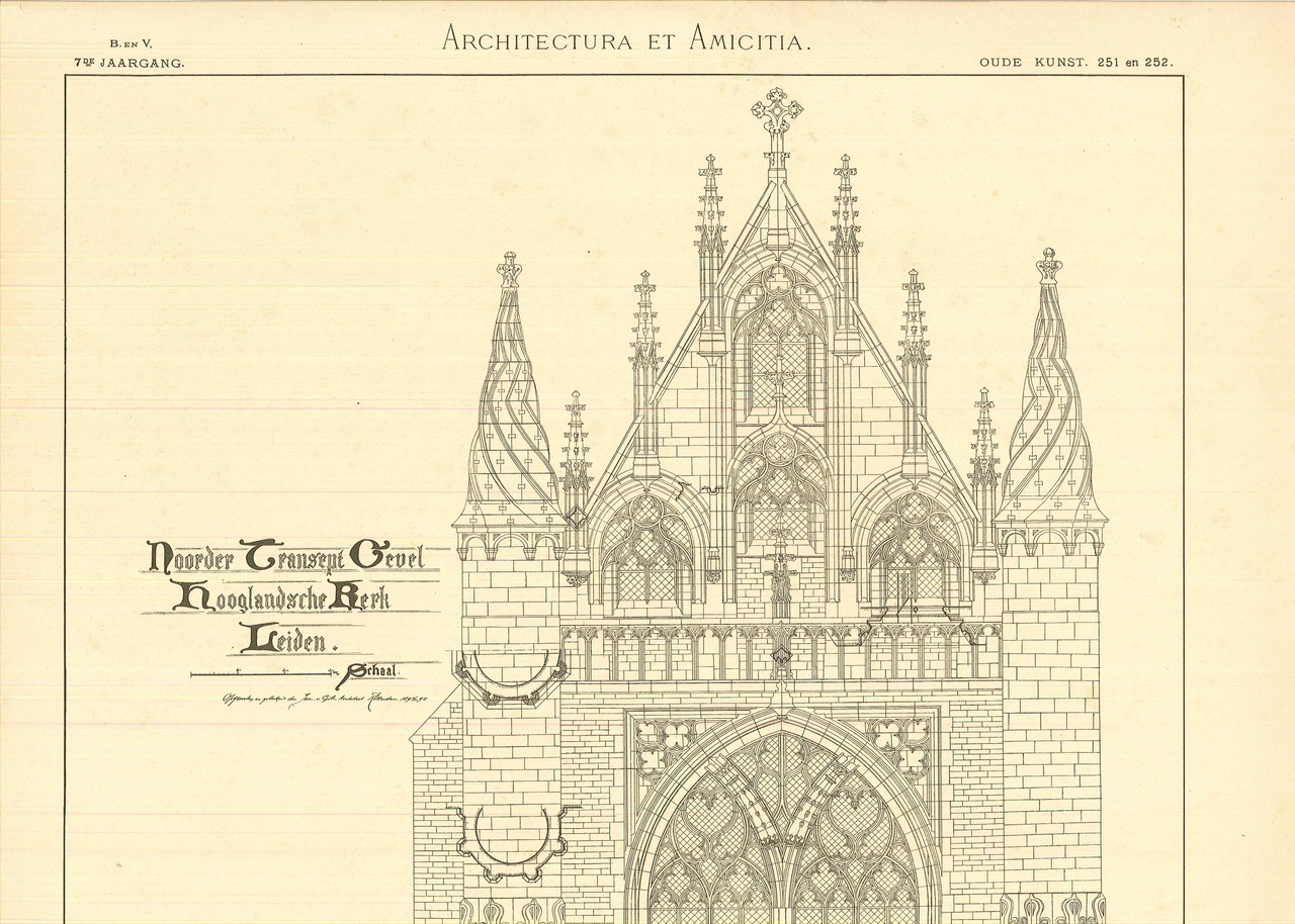 Tekening van de gevel van het Noorder Transept van de Hooglandse Kerk te Leiden