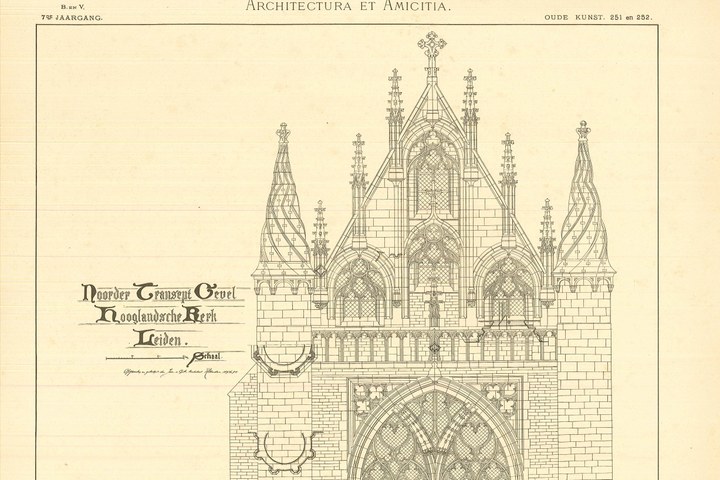 Tekening van de gevel van het Noorder Transept van de Hooglandse Kerk te Leiden