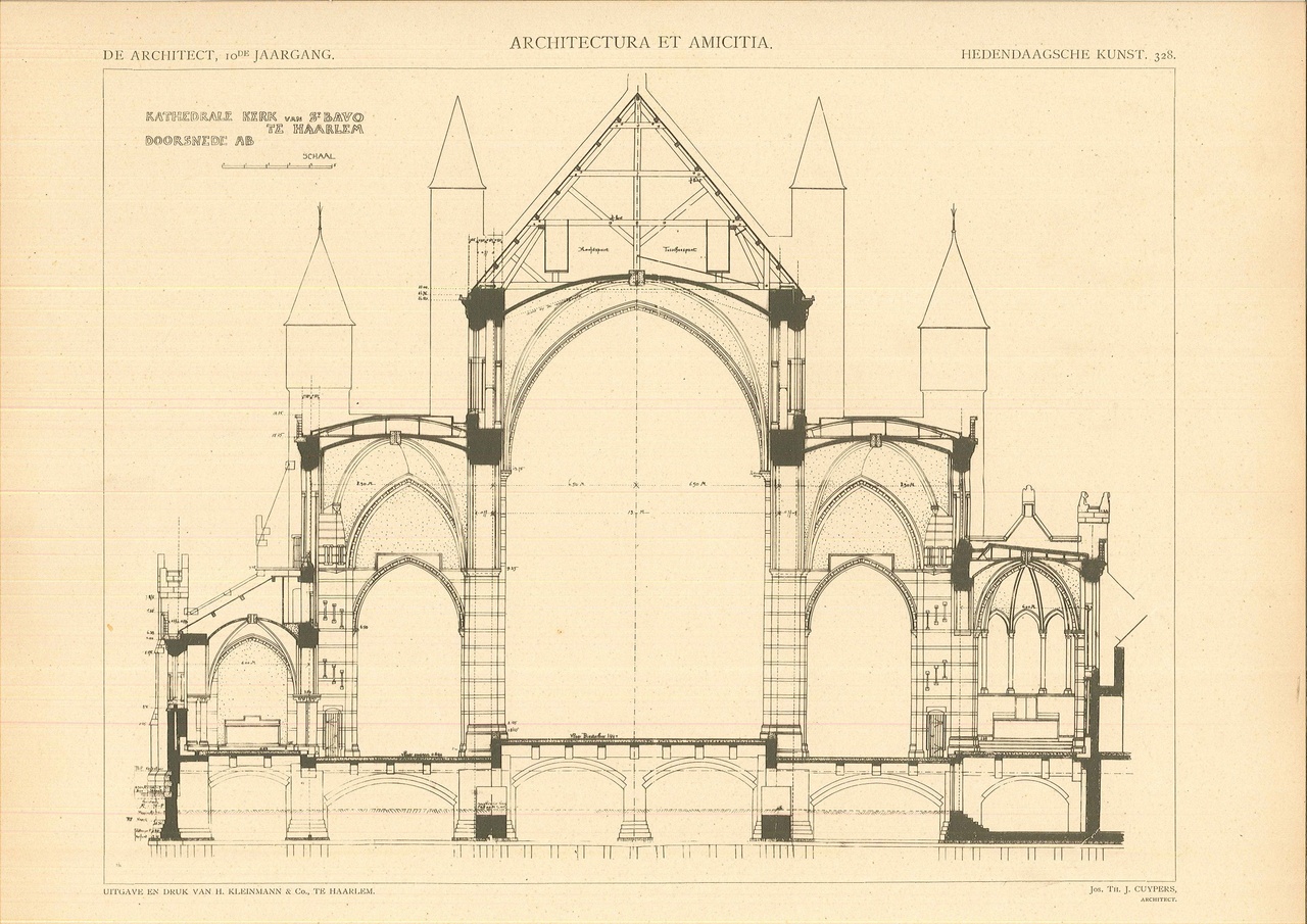 Enkele foto's en een ontwerptekening van de doorsnede van de Sint Bavokathedraal in Haarlem + enkele foto's van het interieur.