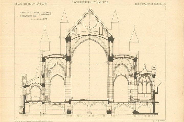 Enkele foto's en een ontwerptekening van de doorsnede van de Sint Bavokathedraal in Haarlem + enkele foto's van het interieur.