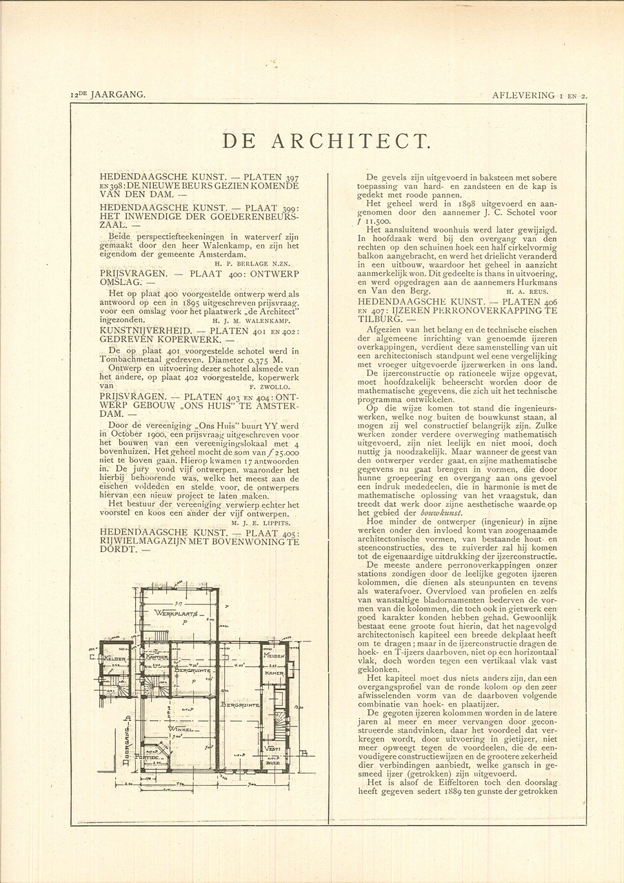 Enkele teksten met een ontwerptekening uit het blad "De Architect".