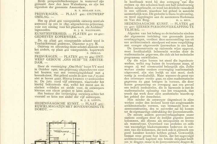 Enkele teksten met een ontwerptekening uit het blad "De Architect".