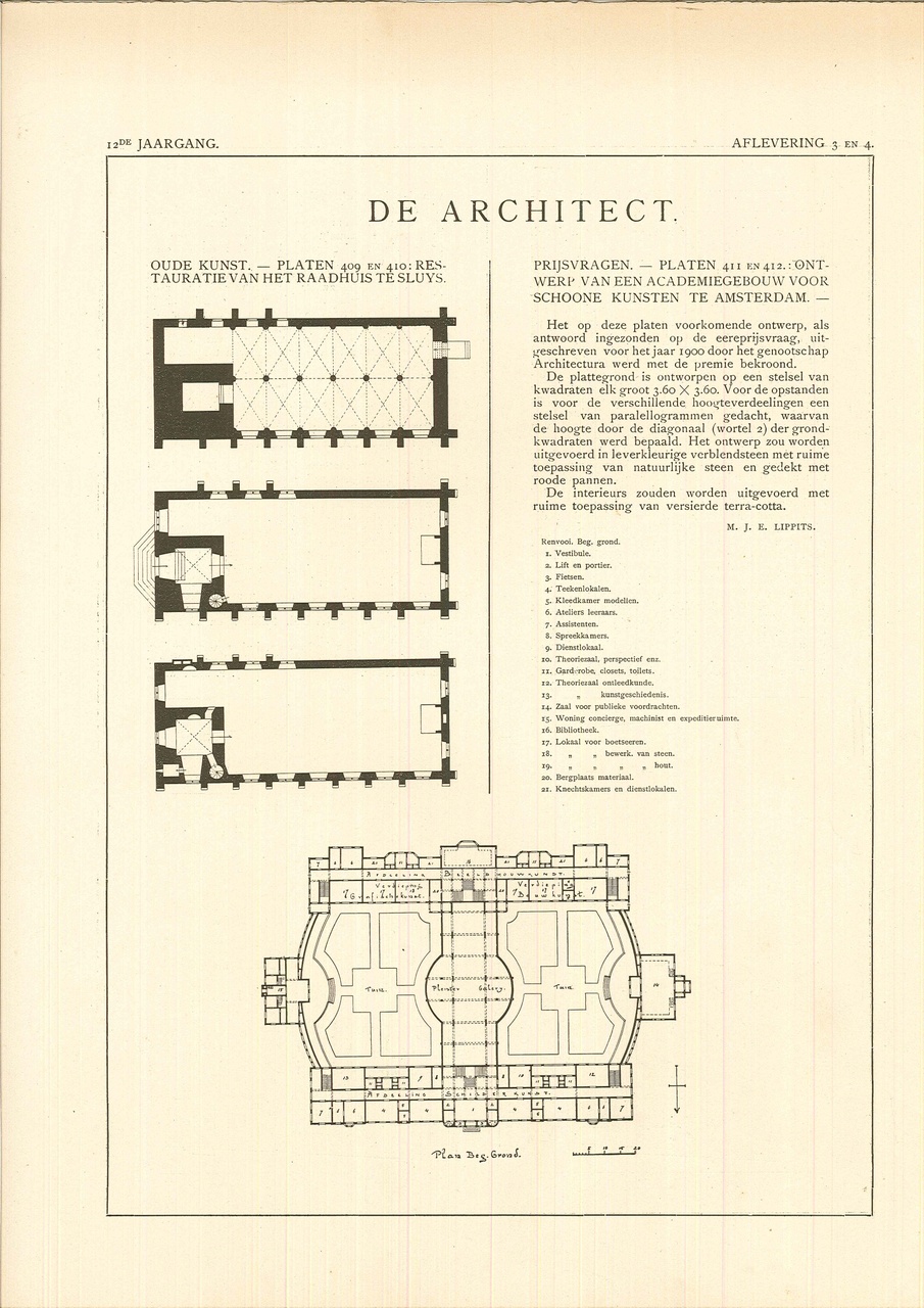 Enkele teksten met ontwerptekeningen en een foto uit het blad "De Architect" betreffende de restauratie van het Raadhuis te Sluys.