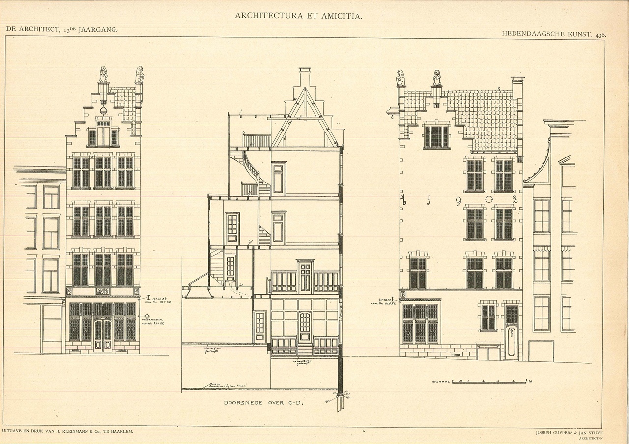 Een ontwerptekening van een winkelhuis op de hoek Oude Hoogstraat/ Oudezijds Achterburgwal te Amsterdam uit 1902.