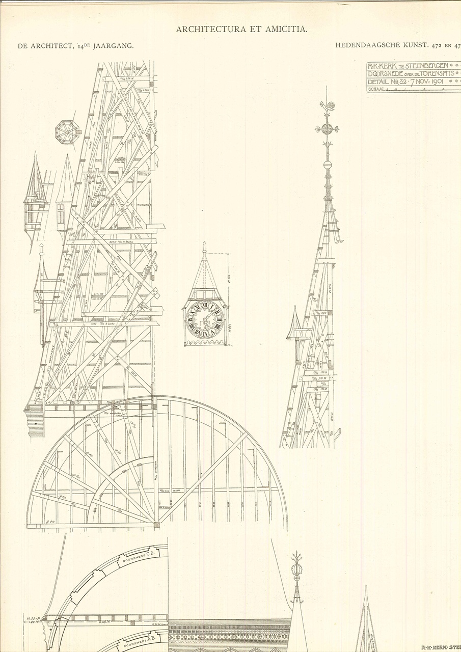 Een ontwerptekening van de hoofdtoren van de R.K. Kerk te Steenbergen.