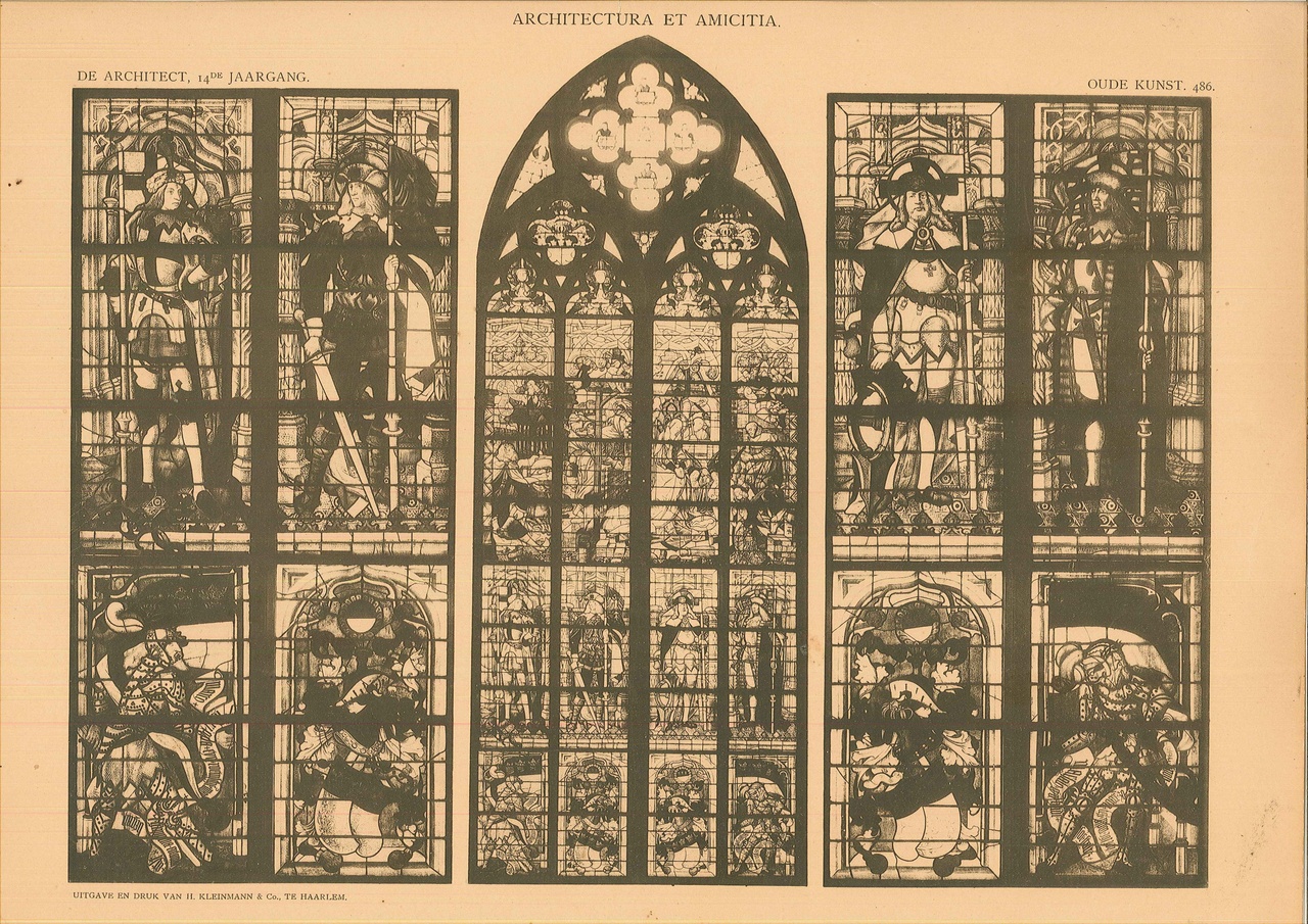 Een afbeelding in zwart-wit van een glas-in-loodraam van de Dom te Keulen.