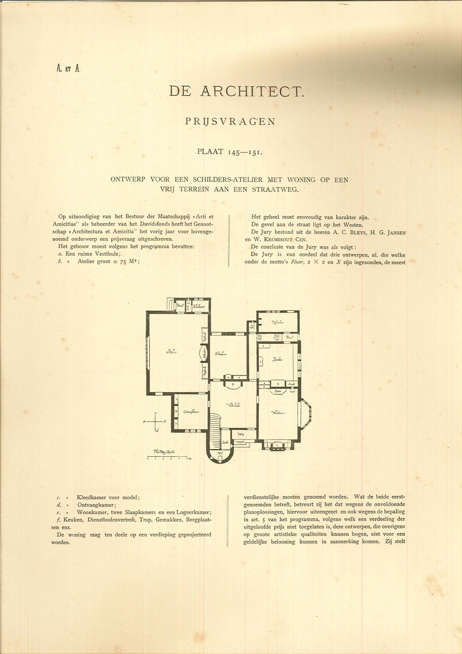 Enkele afbeeldingen en ontwerptekeningen voor een schildersatelier met woning door K. de Bazel.