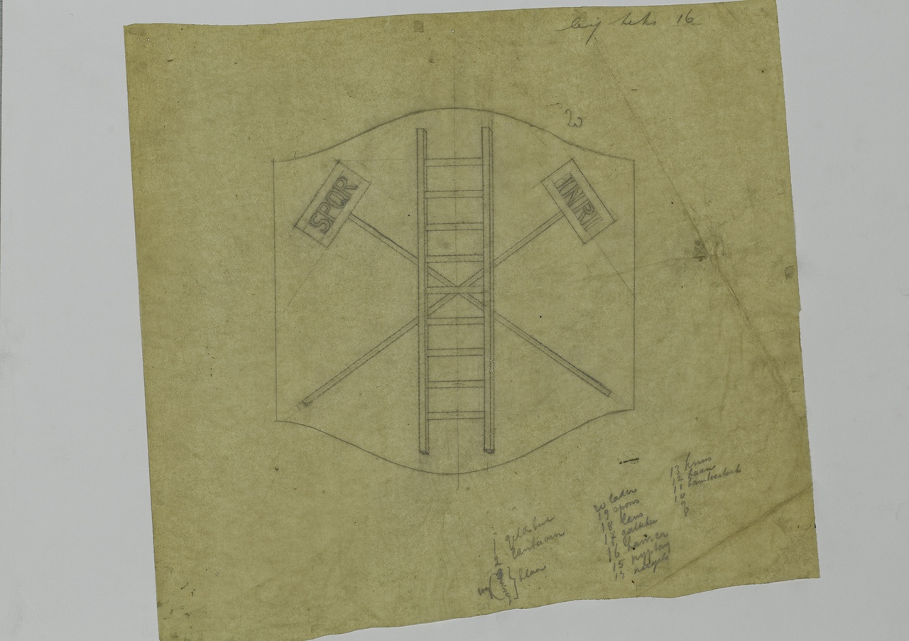 Ontwerp voor een decoratie met een ladder en aanduidborden SPQR en INRI.