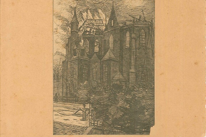 Krantenknipsel over de brand in de Vondelkerk te Amsterdam in 1904 met tekening.