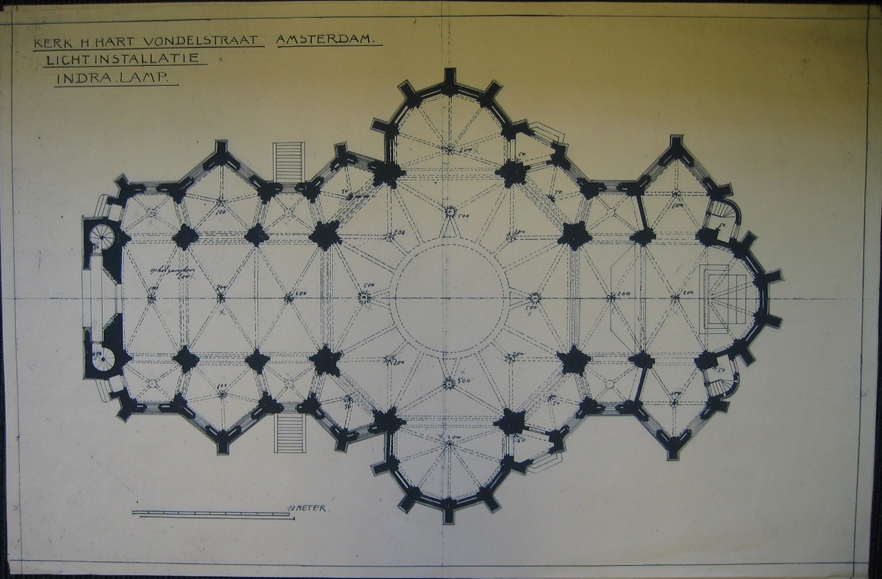 Kopie van het plan voor de lichtinstallatie INDRA Lamp in de H. Hartkerk aan de  Vondelstraat te Amsterdam
