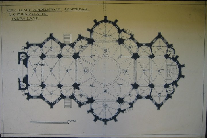 Kopie van het plan voor de lichtinstallatie INDRA Lamp in de H. Hartkerk aan de  Vondelstraat te Amsterdam