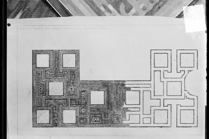 Glasnegatief van foto van producten uit de Cuypers' Kunstwerkplaatsen: "Ontwerptekening van de mozaïekvloer in de Sint Bavo-kathedraal te Haarlem.".