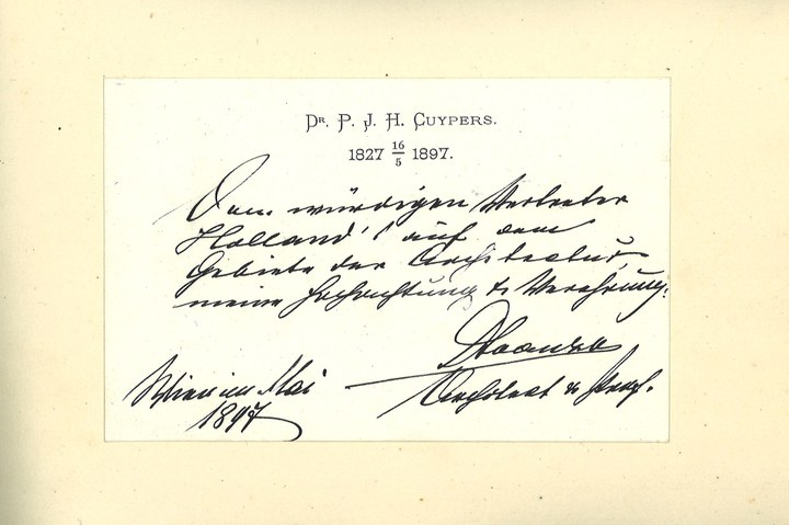 Gebonden album met gelukwensen aan dr. P. Cuypers t.g.v. zijn 70-ste verjaardag op 16 mei 1897 op afzonderlijke wenskaarten van diverse collega-architecten: wenskaart