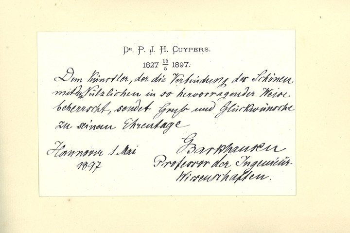 Gebonden album met gelukwensen aan dr. P. Cuypers t.g.v. zijn 70-ste verjaardag op 16 mei 1897 op afzonderlijke wenskaarten van diverse collega-architecten: wenskaart