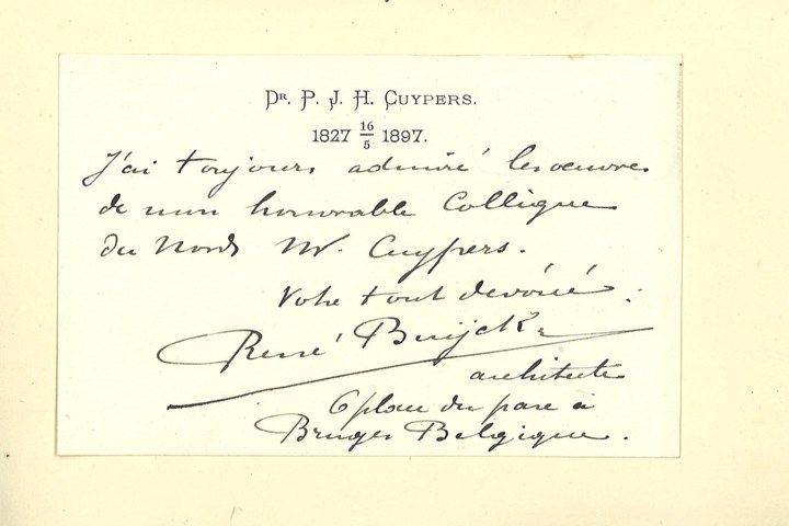 Gebonden album met gelukwensen aan dr. P. Cuypers t.g.v. zijn 70-ste verjaardag op 16 mei 1897 op afzonderlijke wenskaarten van diverse collega-architecten: wenskaart