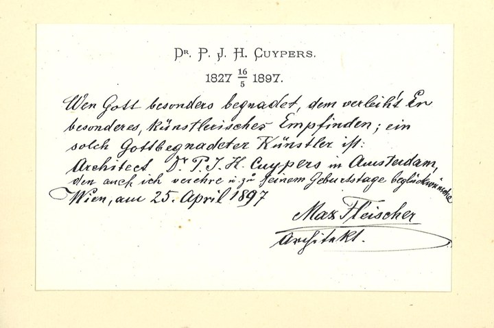 Gebonden album met gelukwensen aan dr. P. Cuypers t.g.v. zijn 70-ste verjaardag op 16 mei 1897 op afzonderlijke wenskaarten van diverse collega-architecten: wenskaart