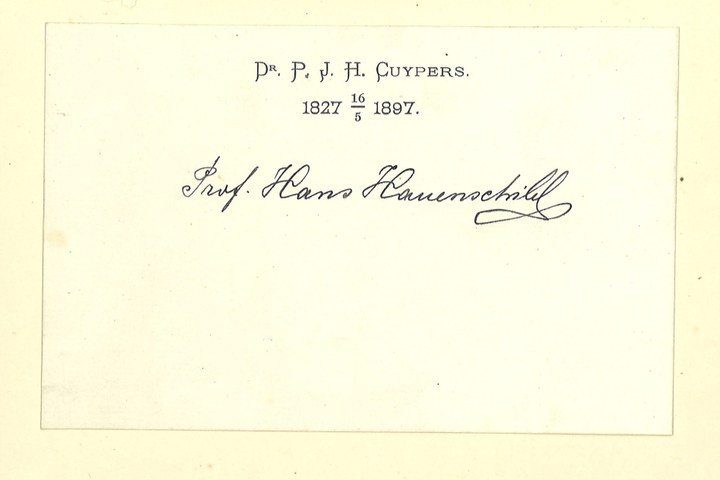 Gebonden album met gelukwensen aan dr. P. Cuypers t.g.v. zijn 70-ste verjaardag op 16 mei 1897 op afzonderlijke wenskaarten van diverse collega-architecten: wenskaart