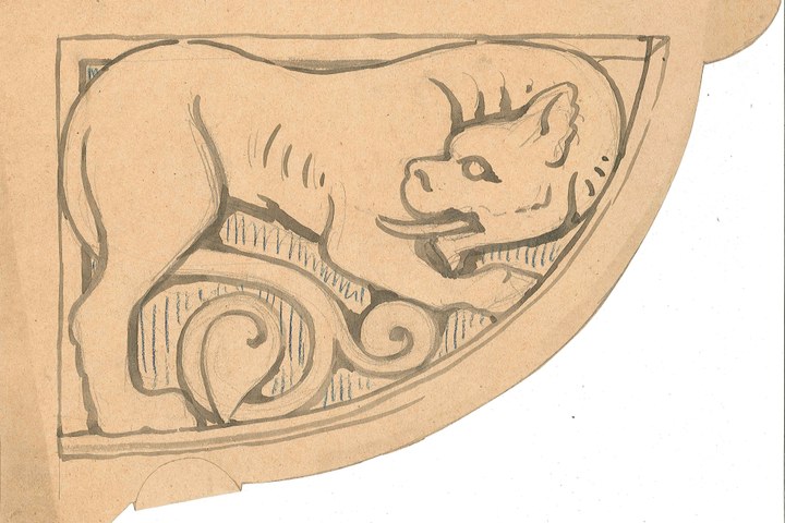 Ontwerp voor een ornament waarop een wolf staat afgebeeld